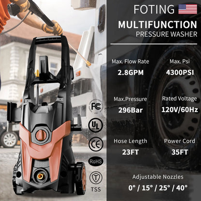FOTING Upgraded Electric Pressure Washer 4200 PSI 2.8 GPM Power Washer with Extra Hose, 23ft Hose 35ft Power Cord, 4 Nozzle and Detergent Tank for Cars, Fences, Patio