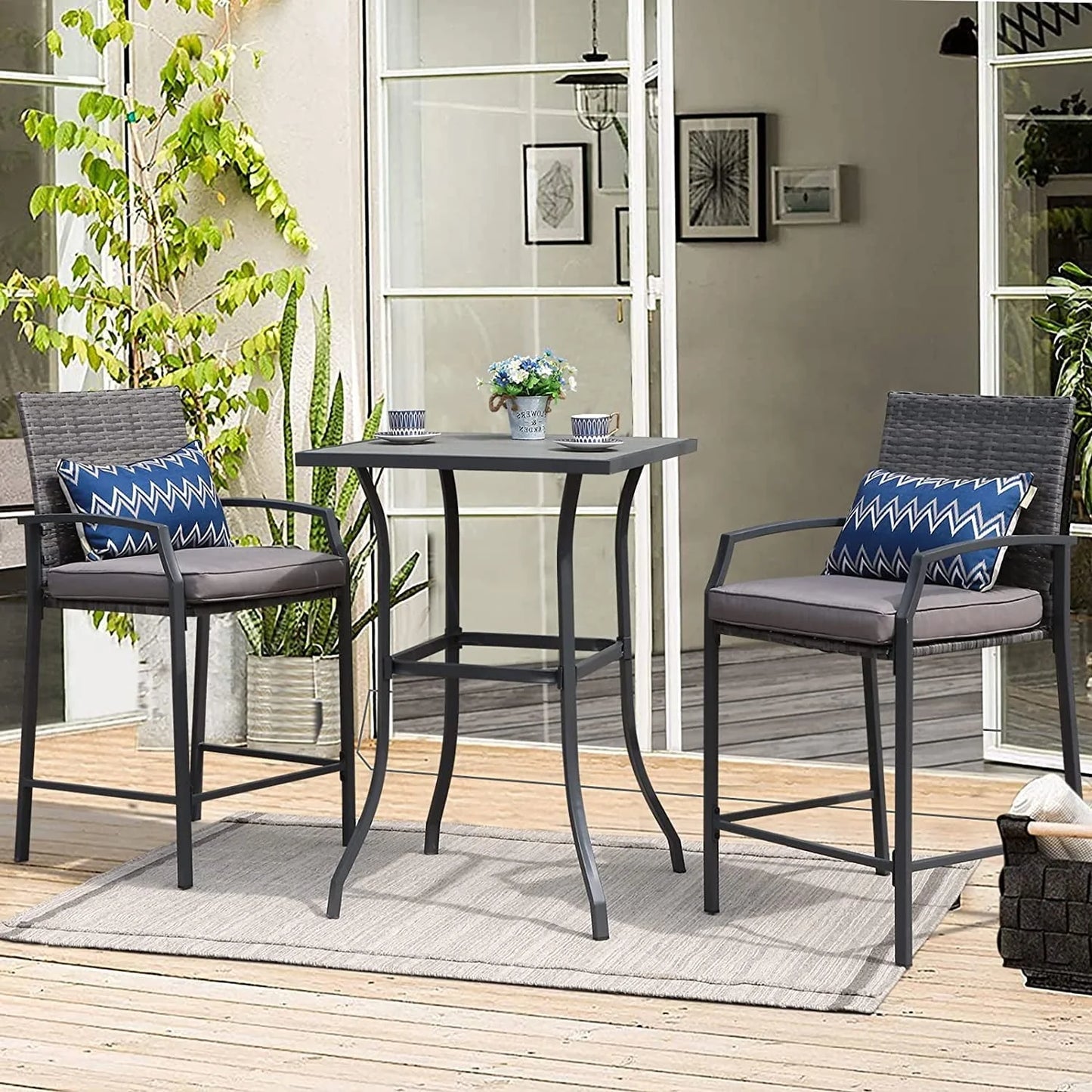 Patio Bar Set, 3 Piece Outdoor Wicker Bistro Set, All-weather Rattan Height Bar Stools with Cushions, Wood Top Bar Height Table Bistro Bar Set for 2 people, for Backyard, Patio, Pool, Garden