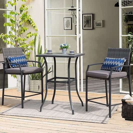 Patio Bar Set, 3 Piece Outdoor Wicker Bistro Set, All-weather Rattan Height Bar Stools with Cushions, Wood Top Bar Height Table Bistro Bar Set for 2 people, for Backyard, Patio, Pool, Garden