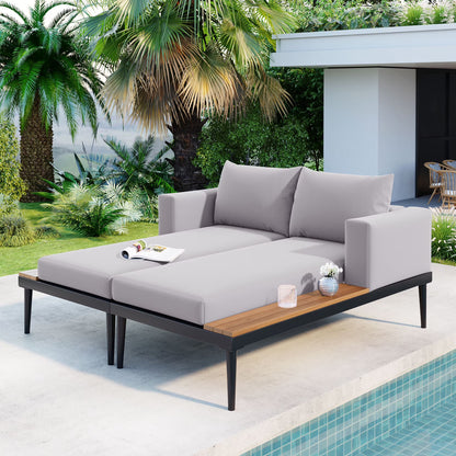 Harper & Bright Designs Patio Outdoor Metal Daybed for 2, All Weather Outdoor Chaise Lounges Reclining Chairs with Wood Topped Side Spaces for Drinks for Poolside Balcony Deck, Gray