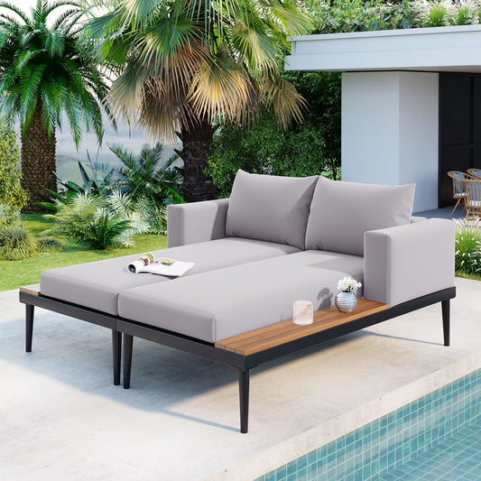 Harper & Bright Designs Patio Outdoor Metal Daybed for 2, All Weather Outdoor Chaise Lounges Reclining Chairs with Wood Topped Side Spaces for Drinks for Poolside Balcony Deck, Gray
