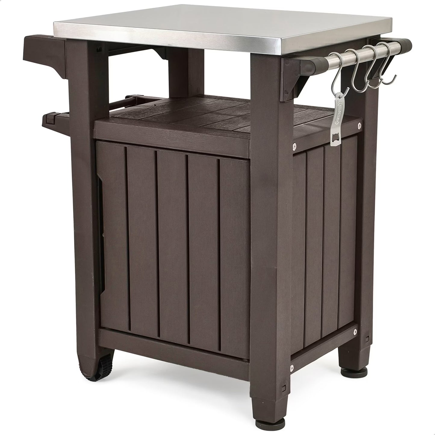 Keter Unity 40 Gal Patio Storage Grilling Bar Cart w/Stainless Steel Top, Brown