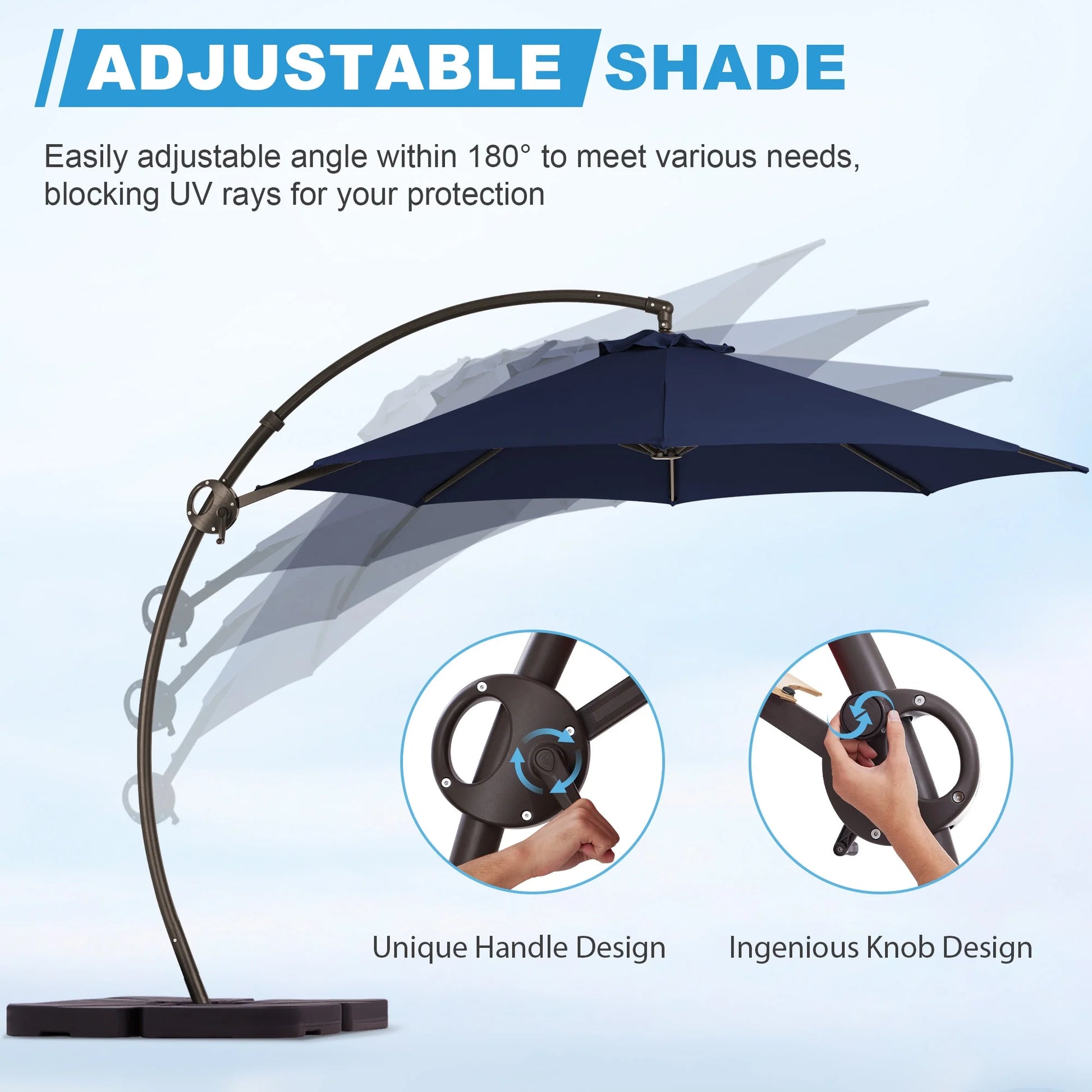 JUSTLET 10FT Arched-Pole Cantilever Hanging Patio Umbrella with baseNavy Blue
