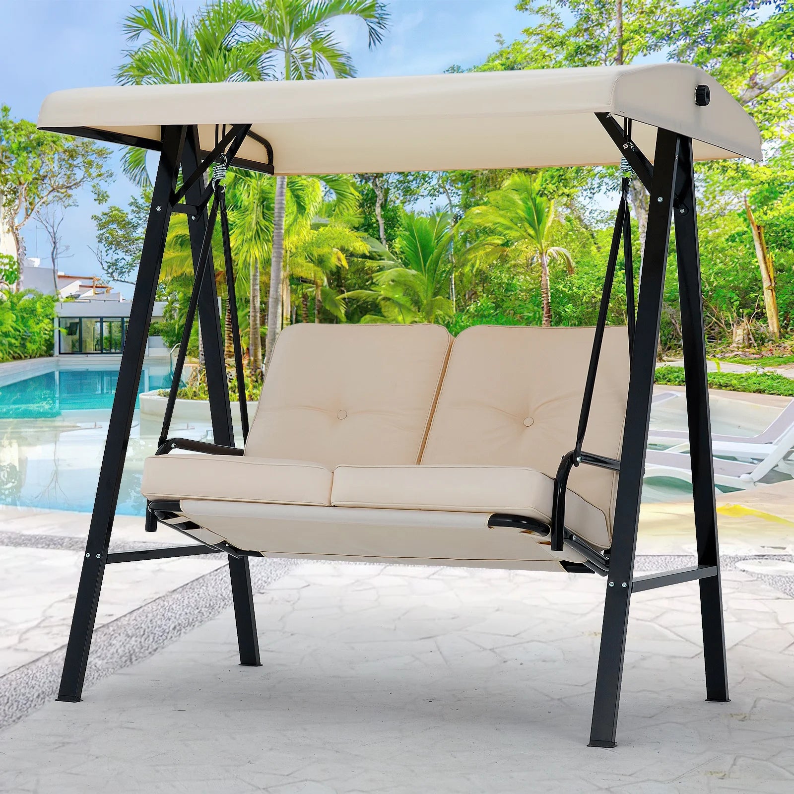AECOJOY 2 Persons Outdoor Patio Canopy Steel Porch Swing Chair-Beige