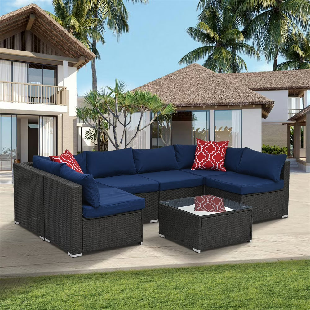 7 Pieces Outdoor Patio Furniture Set, Outdoor Sectional Rattan Sofa, PE Manual Weaving Wicker Patio Conversation Set with Cushion, Glass Table, Pillow, Dark Gray