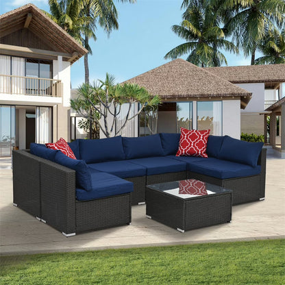 7 Pieces Outdoor Patio Furniture Set, Outdoor Sectional Rattan Sofa, PE Manual Weaving Wicker Patio Conversation Set with Cushion, Glass Table, Pillow, Dark Gray