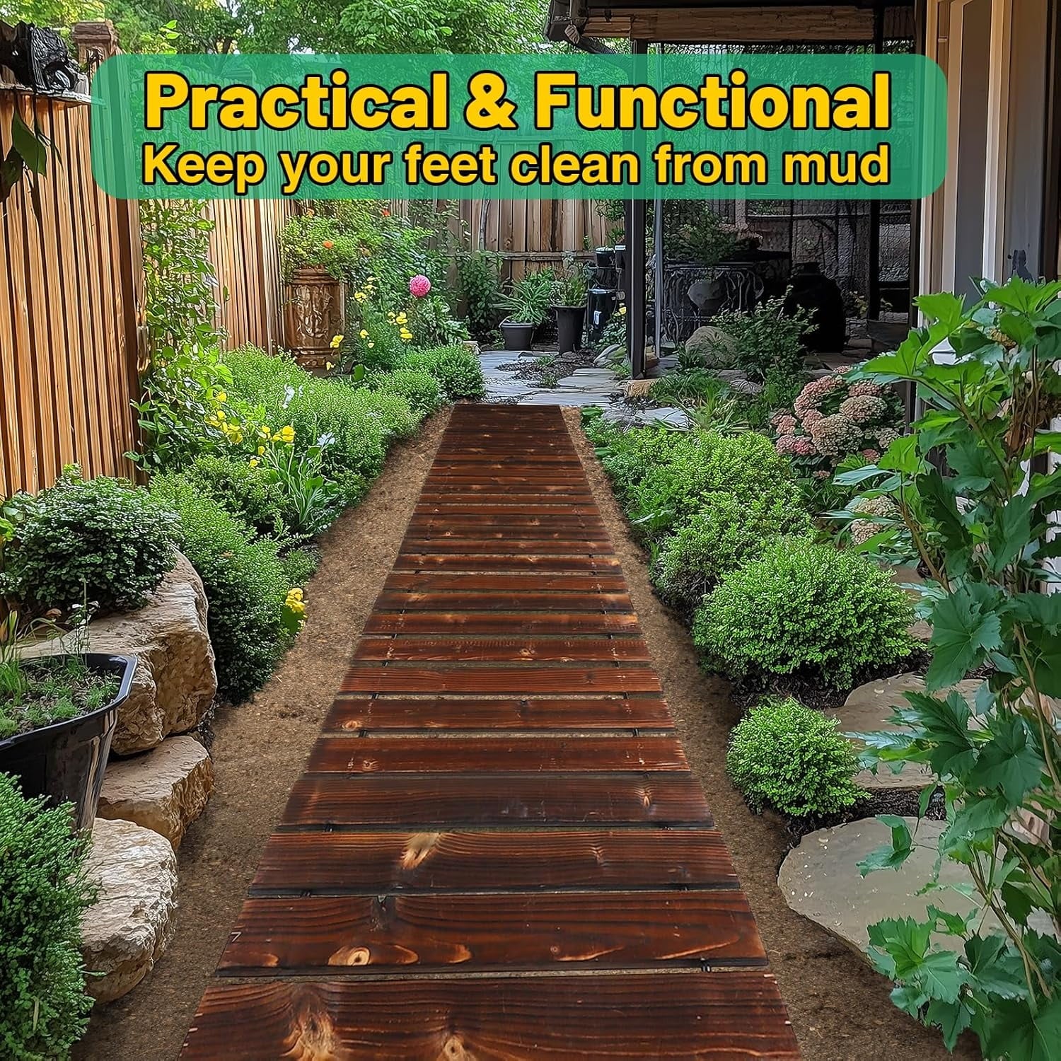 8.2 Ft Wooden Garden Pathway - Weather Resistant Carbonized Pine Roll Out Decorative Walkway, Boardwalk Pathway Pavers for Outside Stepping Stones Outdoor Patio Beach Pool Backyard, Brown