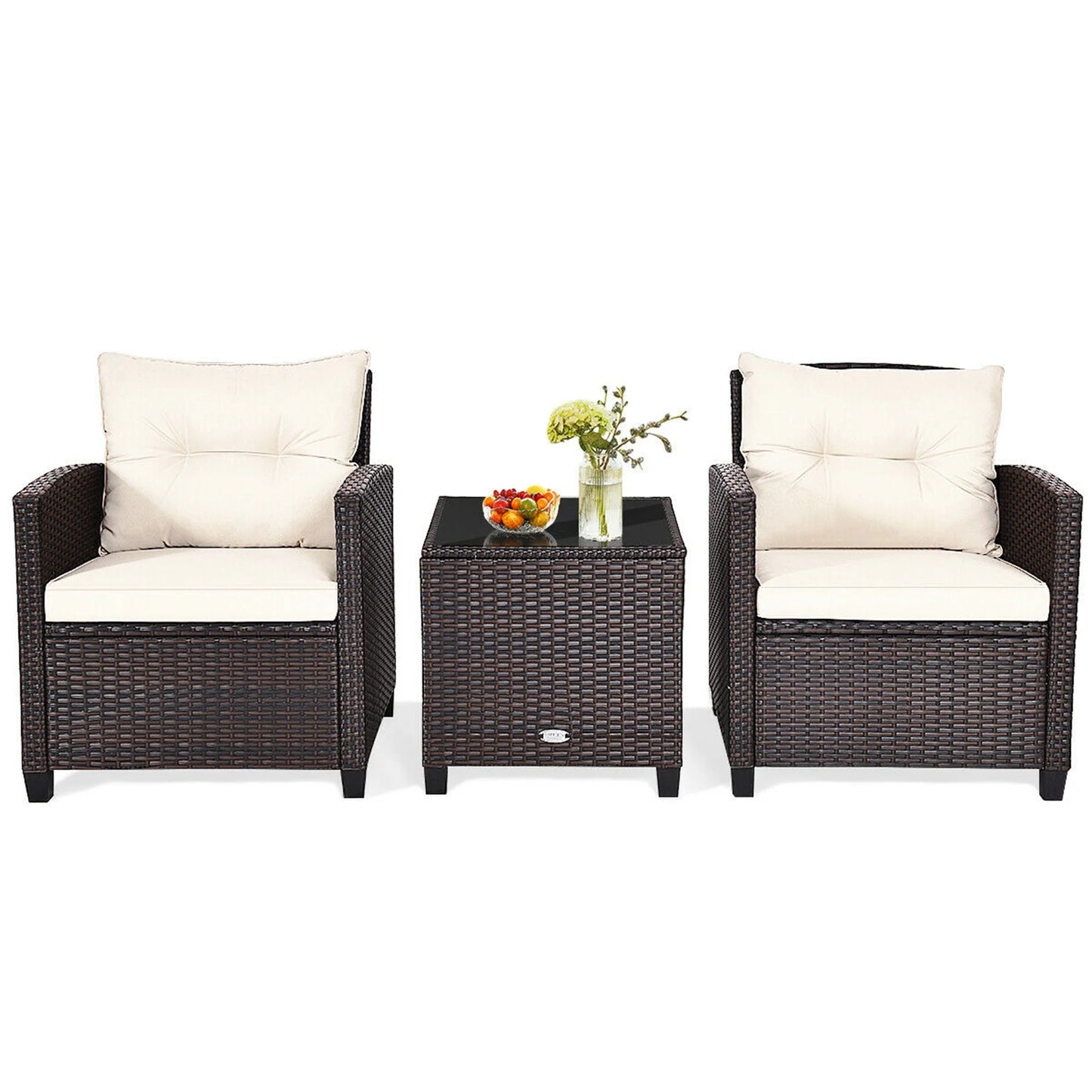 Gymax 3PCS Outdoor Patio Rattan Conversation Set Garden Yard w/Off White Cushions