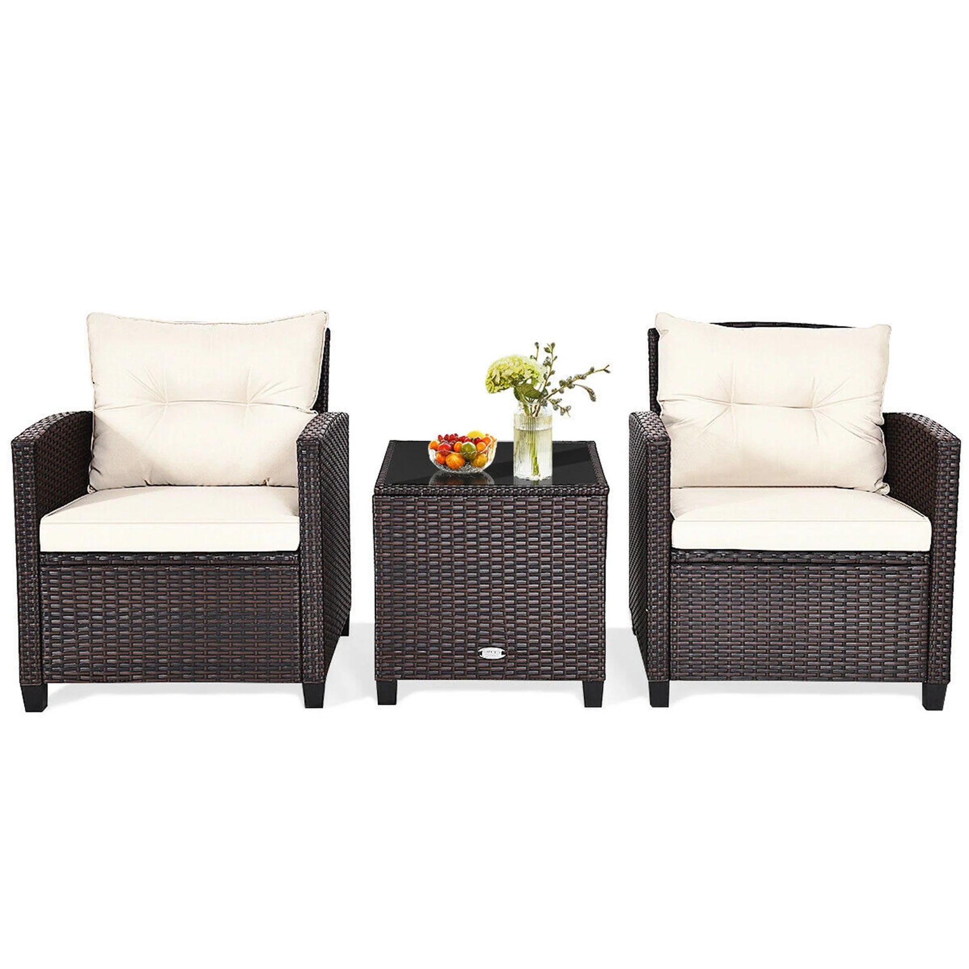 Gymax 3PCS Outdoor Patio Rattan Conversation Set Garden Yard w/Off White Cushions