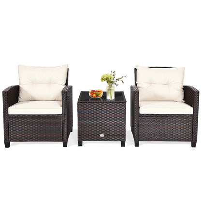 Gymax 3PCS Outdoor Patio Rattan Conversation Set Garden Yard w/Off White Cushions