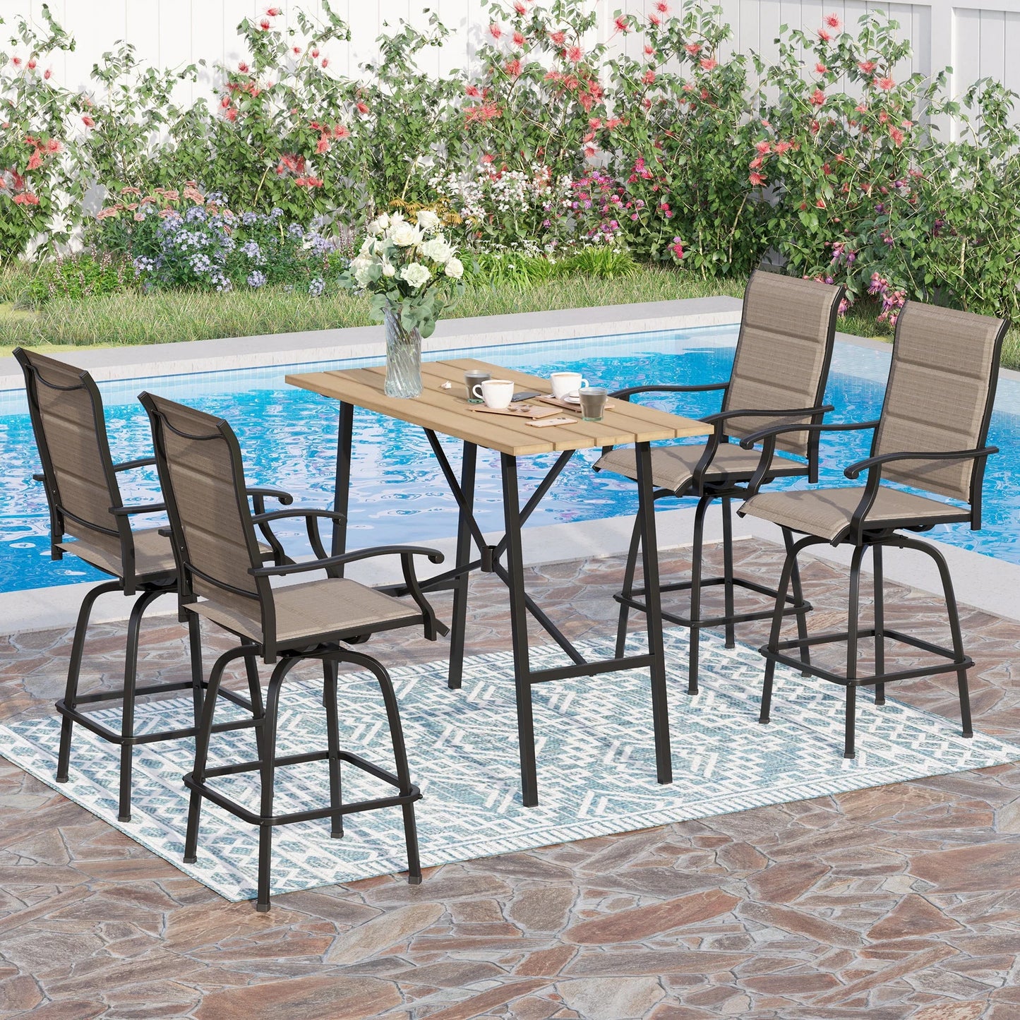 Sophia & William 2Pcs Outdoor Metal Swivel Bar Stools Patio Padded Height Textilene Chairs