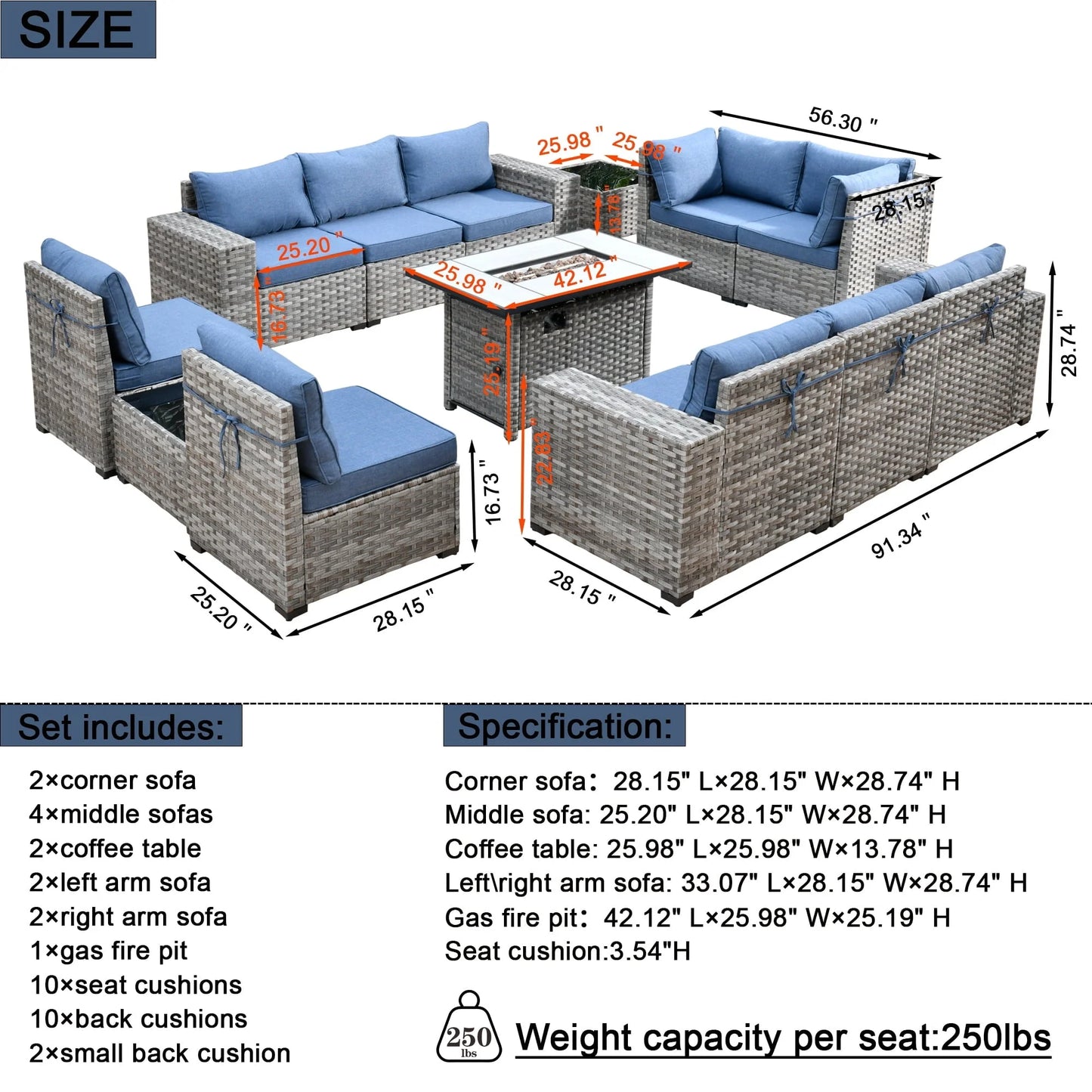 Ovios 13 Pieces Outdoor Patio Furniture with Fire Pit Table All Weather Wicker Sectional Set for Porch