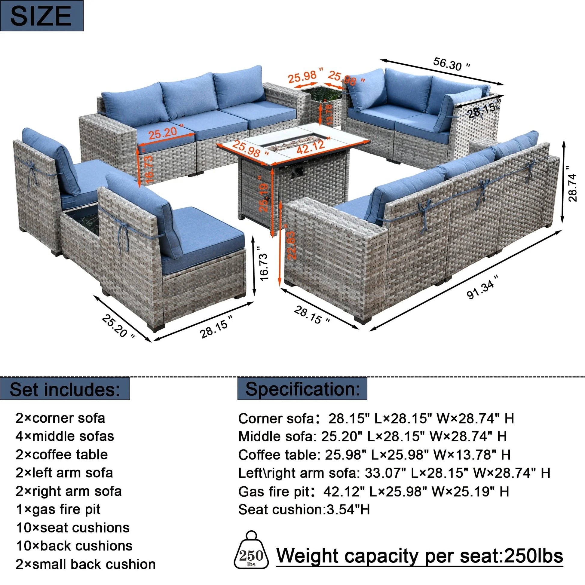 Ovios 13 Pieces Outdoor Patio Furniture with Fire Pit Table All Weather Wicker Sectional Set for Porch