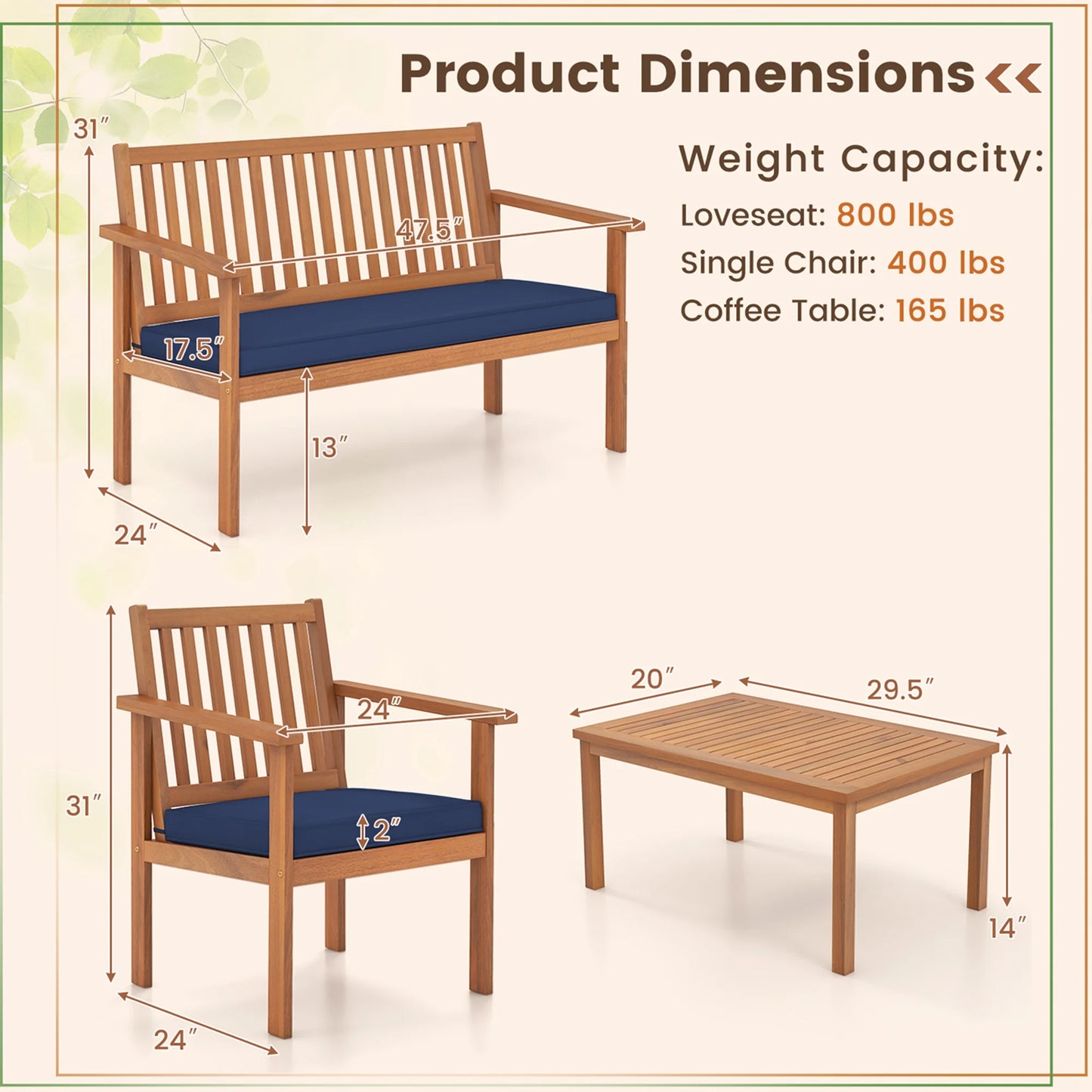 Costway 4 PCS Patio Wood Furniture Set with Loveseat, 2 Chairs & Coffee Table for Porch Navy
