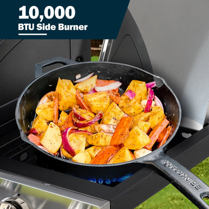 BBQ Grill, Seizeen Gas Grill with Side Burner, 40,000BTU 3-Burner Propane Grill w/Storage Cabinet, Steel Brush, Stainless Steel Camping for Backyard Patio, Portable Design on Wheels