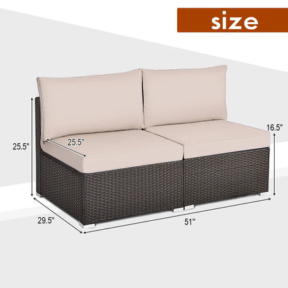 Costway 2PCS Patio Rattan Armless Sofa Sectional Furniture Brown Cushion