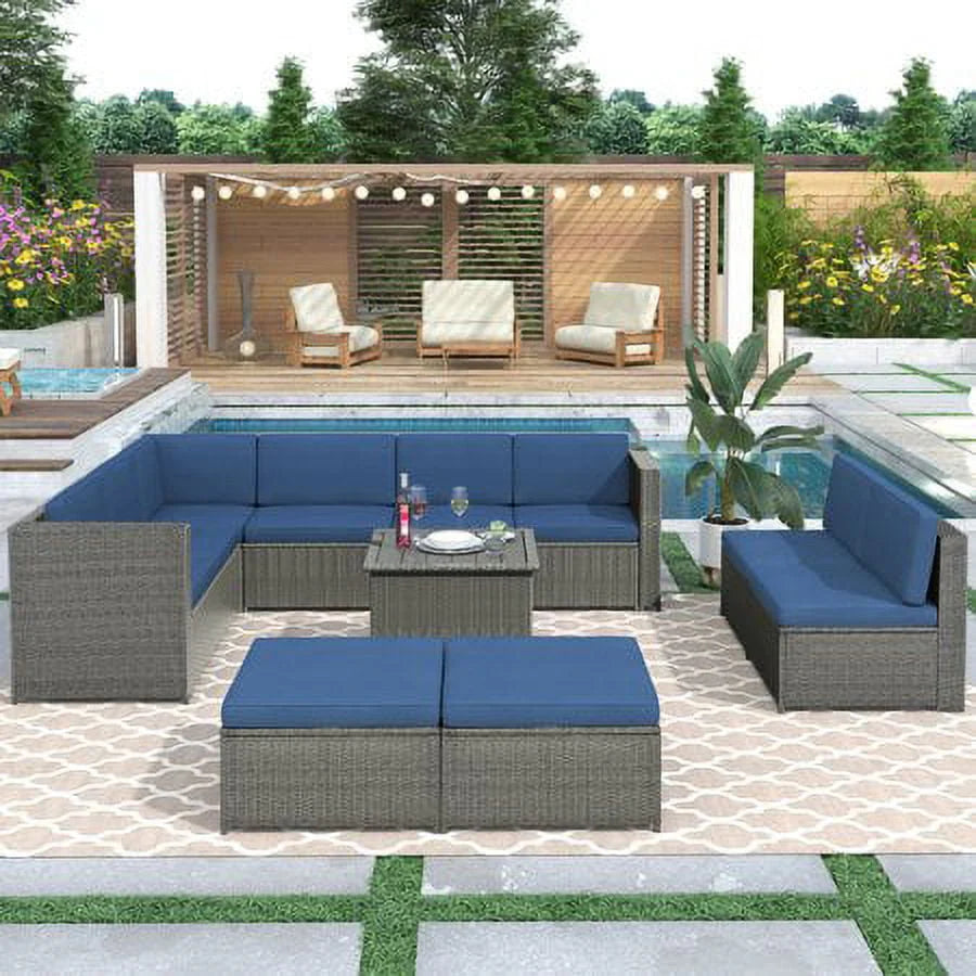 CHURANTY 9 Pieces Patio Furniture Set Outdoor Conversation PE Wicker Rattan Sectional Sofa, Coffee Table and Ottoman