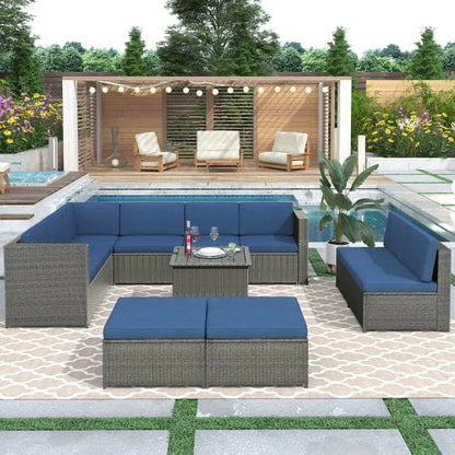 CHURANTY 9 Pieces Patio Furniture Set Outdoor Conversation PE Wicker Rattan Sectional Sofa, Coffee Table and Ottoman