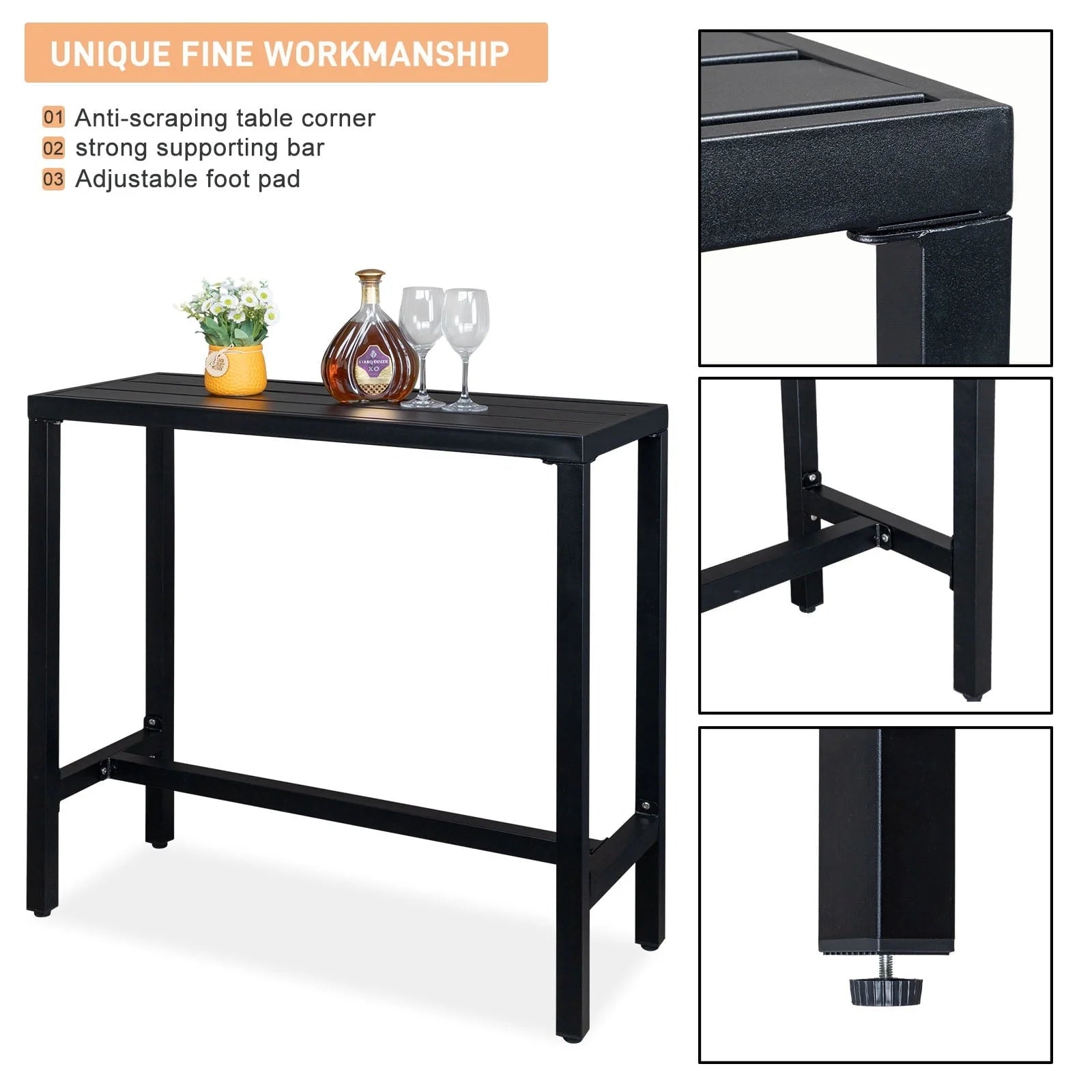 UBesGoo Outdoor Iron Bar Table, 40'' Rectangle Patio Counter Height Console Table, Black