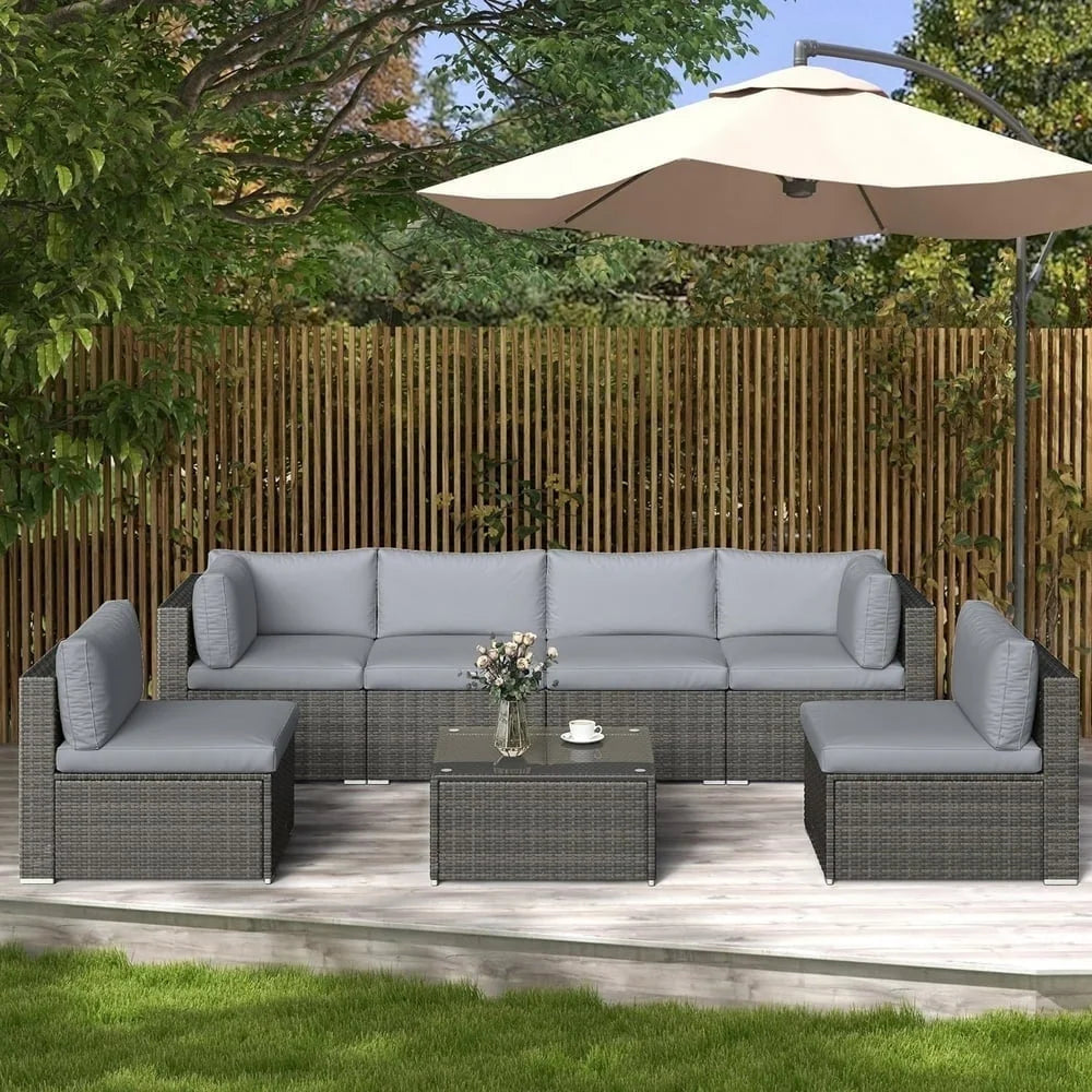 SUNVIVI 7 Pieces Patio Furniture Sets, All-Weather PE Grey Wicker Outdoor Rattan Sectional Sofa, Patio Sofa Couch with Table and Beige Cushions