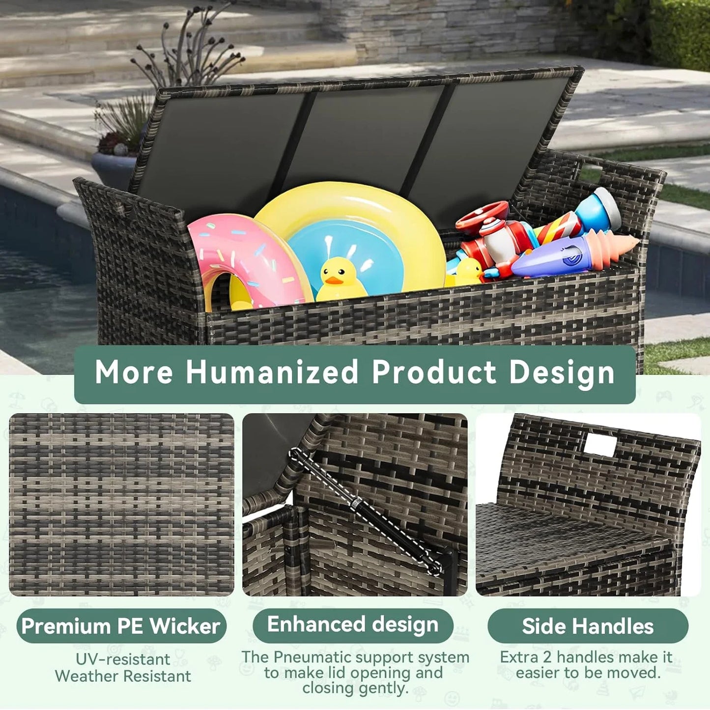 SOLAURA 90 Gallon Patio Wicker Storage Bench w/Cushion, Outdoor Rattan Deck Storage Box w/Handles & Hydraulics, Gray