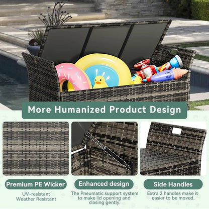 SOLAURA 90 Gallon Patio Wicker Storage Bench w/Cushion, Outdoor Rattan Deck Storage Box w/Handles & Hydraulics, Gray