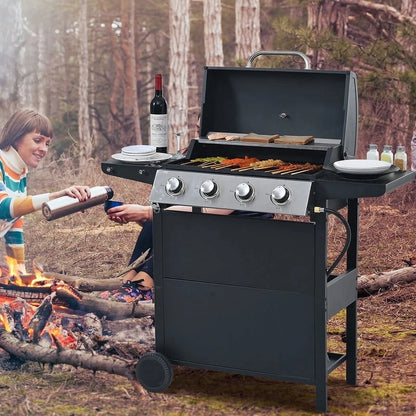 Propane Gas 4 Burner Barbecue Grill, Stainless Steel 34,000 BTU Patio Garden Barbecue Grill with Two Shelves, Lid, Wheels and Bottle Opener