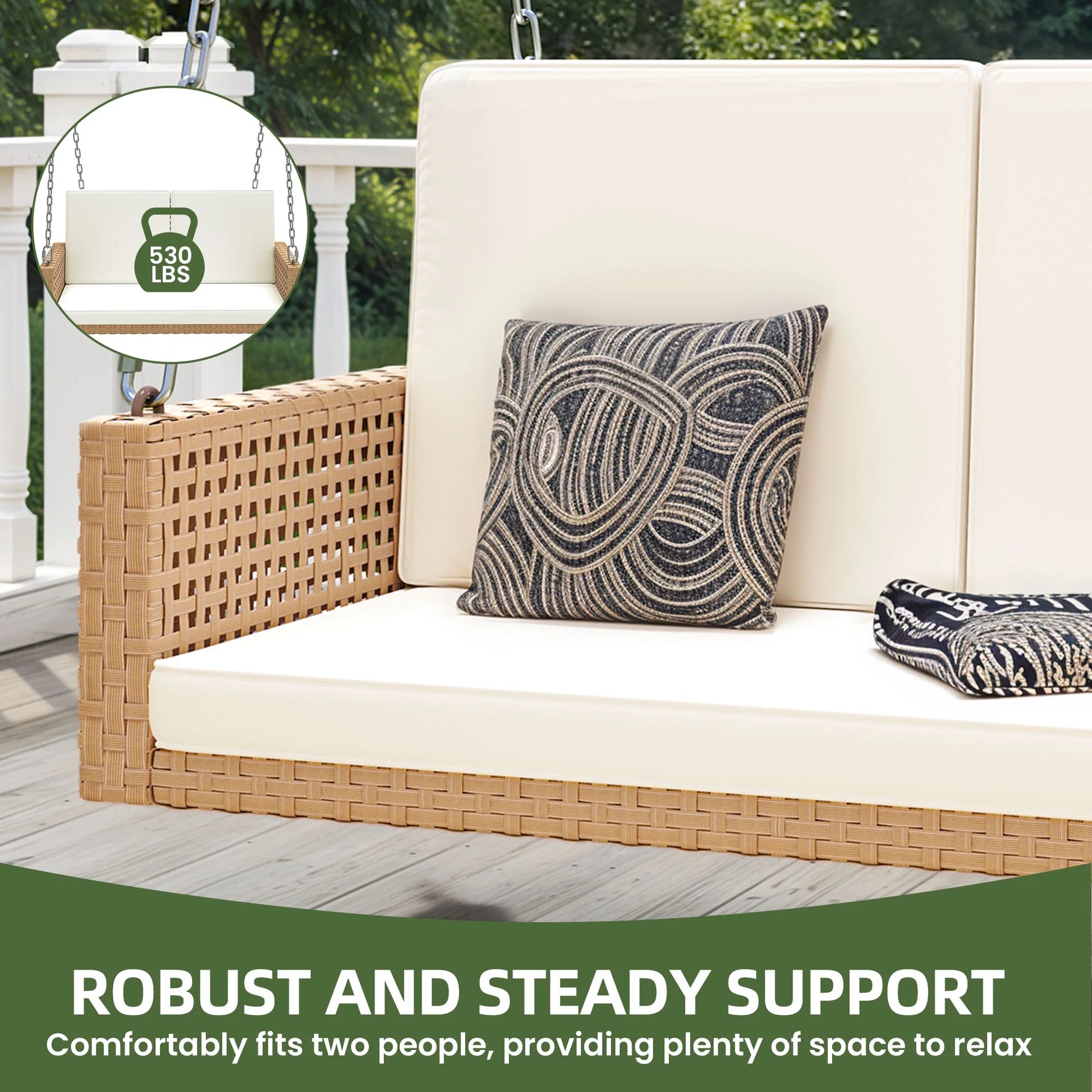 Uforic 2-Person Patio Rattan Hanging Porch Swing Bench Chair Cushion - Beige