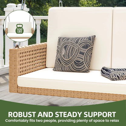 Uforic 2-Person Patio Rattan Hanging Porch Swing Bench Chair Cushion - Beige