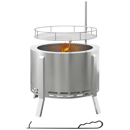 BBQ Utensils Outsunny 2-in-1 Smokeless Fire Pit, BBQ Grill, 19" Portable Wood Burning Firepit with Cooking Grate and Poker, Low Smoke Camping Bonfire Stove for Backyard Patio Picnic, Stainless Steel,