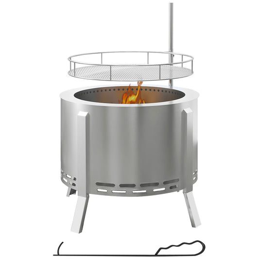 BBQ Utensils Outsunny 2-in-1 Smokeless Fire Pit, BBQ Grill, 19" Portable Wood Burning Firepit with Cooking Grate and Poker, Low Smoke Camping Bonfire Stove for Backyard Patio Picnic, Stainless Steel,