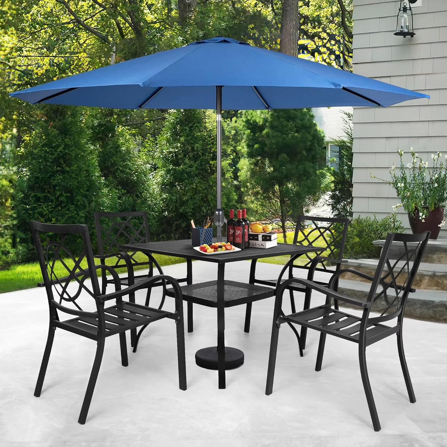 SUNCROWN 7-Piece Outdoor Wrought Iron Chairs and Table Patio Dining Furniture Set - 6 Stackable Metal Chairs, 1 Steel Slat Bistro Table and 1 Brown 9Ft Patio Umbrella for Garden Backyard Deck