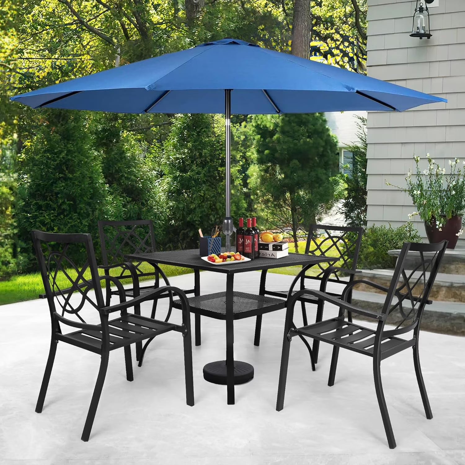 SUNCROWN 7-Piece Outdoor Wrought Iron Chairs and Table Patio Dining Furniture Set - 6 Stackable Metal Chairs, 1 Steel Slat Bistro Table and 1 Brown 9Ft Patio Umbrella for Garden Backyard Deck