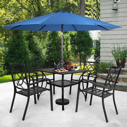 SUNCROWN 7-Piece Outdoor Wrought Iron Chairs and Table Patio Dining Furniture Set - 6 Stackable Metal Chairs, 1 Steel Slat Bistro Table and 1 Brown 9Ft Patio Umbrella for Garden Backyard Deck