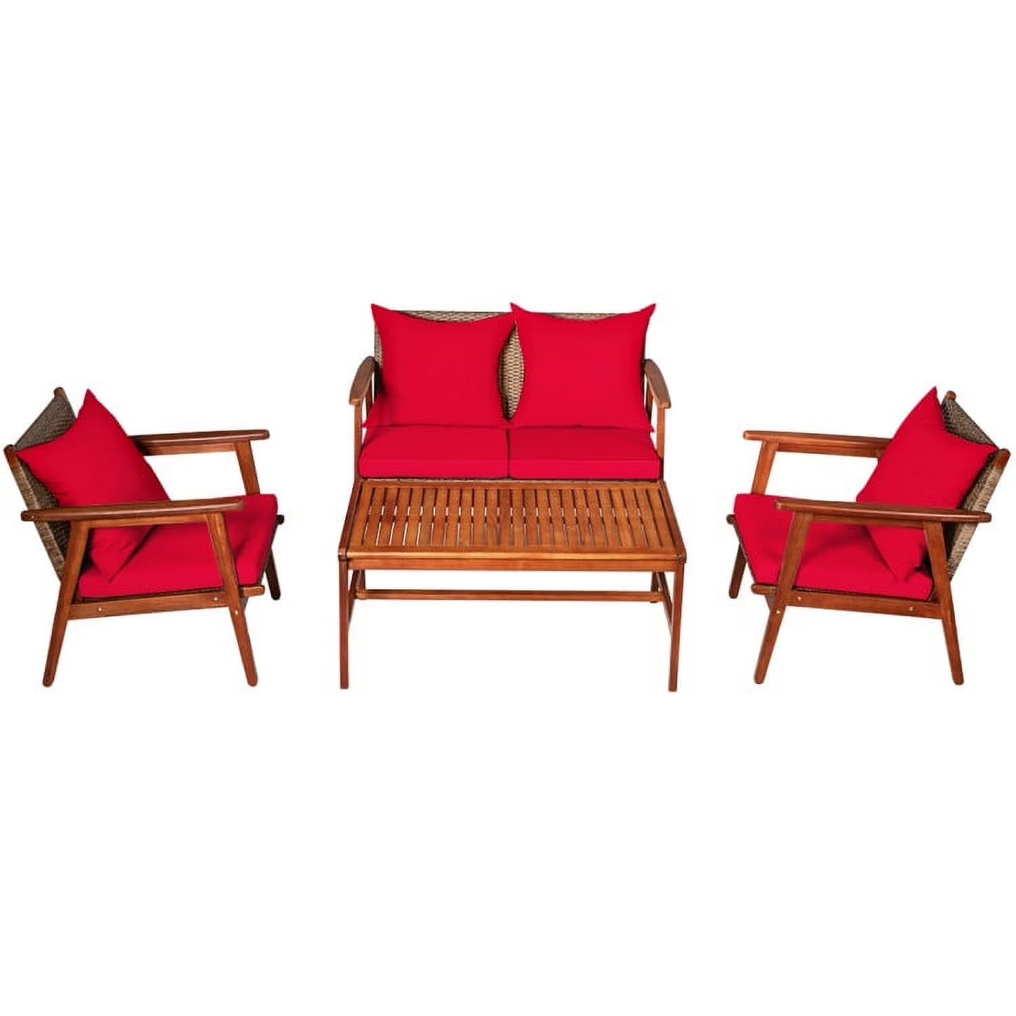 Barara King Outdoor Collection Set, Patio Conversation Table Chair Set, 4 Piece Acacia Wood Patio Rattan Furniture Set-Brown