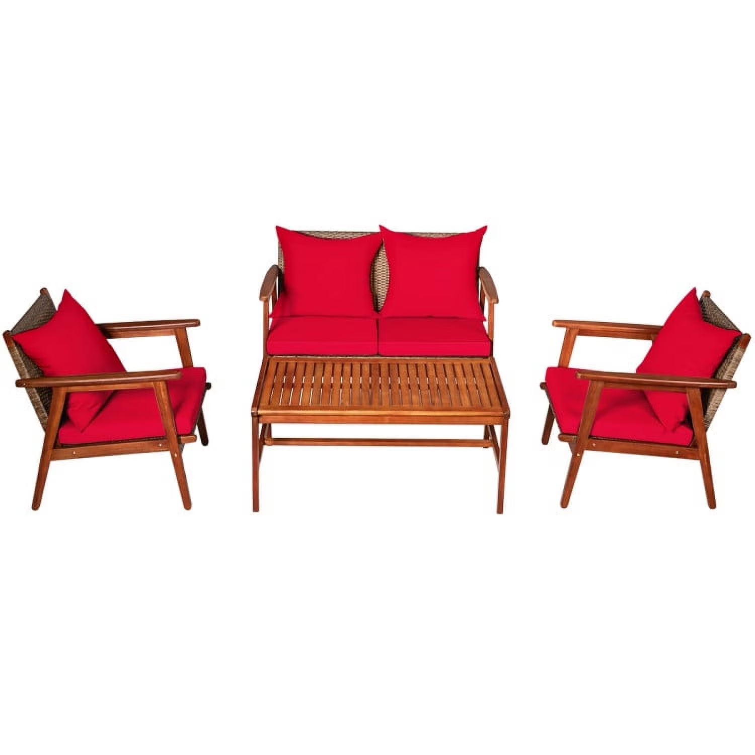 Barara King Outdoor Collection Set, Patio Conversation Table Chair Set, 4 Piece Acacia Wood Patio Rattan Furniture Set-Brown