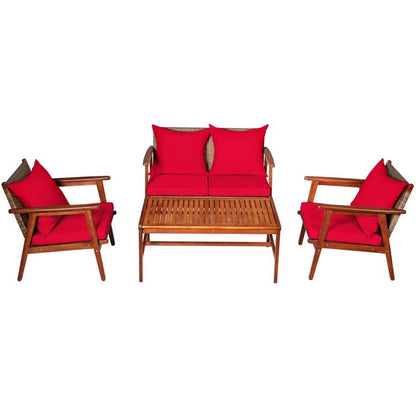 Barara King Outdoor Collection Set, Patio Conversation Table Chair Set, 4 Piece Acacia Wood Patio Rattan Furniture Set-Brown
