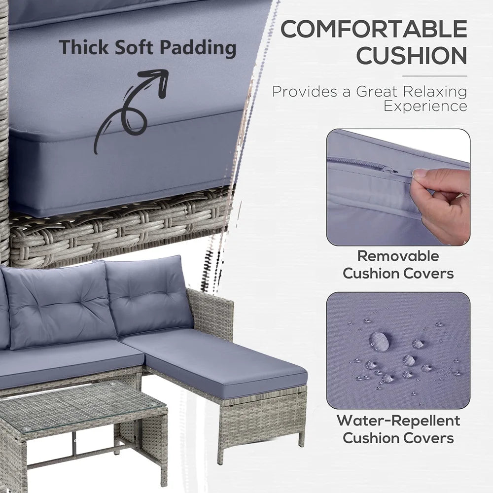 3 Pieces Patio Furniture Sectional Set, Outdoor Furniture Set with Two-Seater Sofa, Lounge Sofa, Table & Cushion, PE Rattan Wicker Bistro Set, Conversation Set for Garden, Backyard