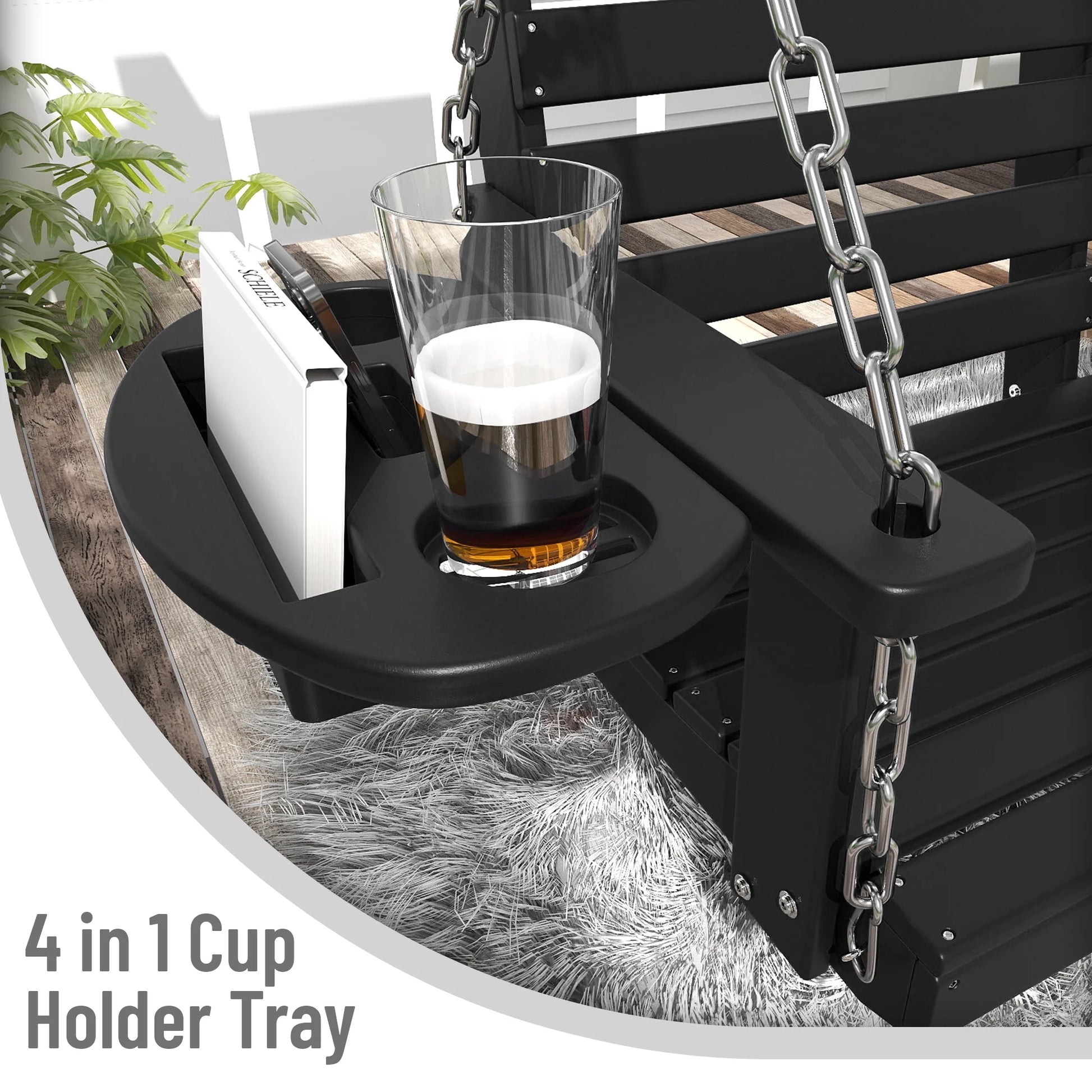 FOOWIN Outdoor Porch Swing, HDPE Patio Hanging Porch Swing with Cup Holder, Black