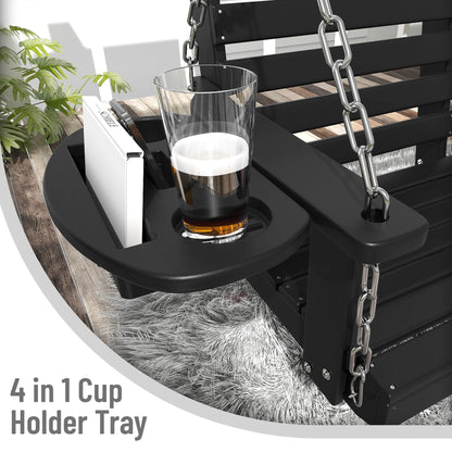 FOOWIN Outdoor Porch Swing, HDPE Patio Hanging Porch Swing with Cup Holder, Black