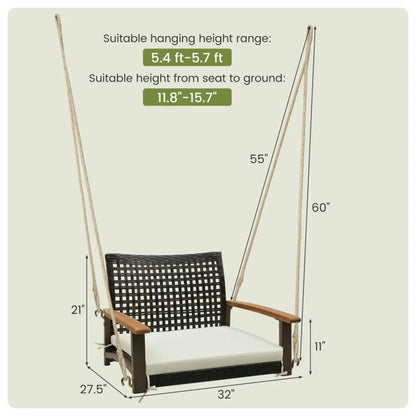 Spaco Single Rattan Porch Swing, Porch Swing with Armrests Cushion and Hanging Ropes, Durable Bench Swing for Outdoor as Garden, Patio, White