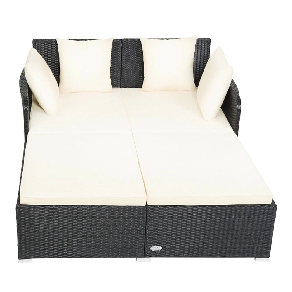 Resenkos Outdoor Patio Rattan Wicker Daybed Sectional Conversation Double Chaise Lounge, White Resistant Cushions