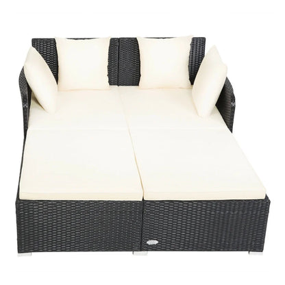 Resenkos Outdoor Patio Rattan Wicker Daybed Sectional Conversation Double Chaise Lounge, White Resistant Cushions
