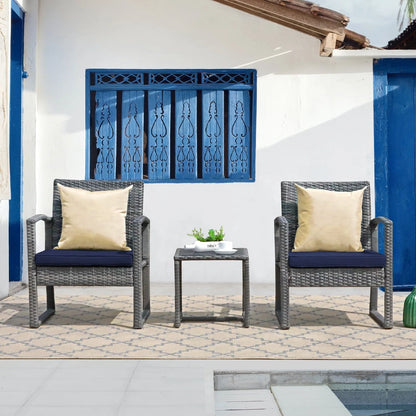 Patiorama 3 Piece Outdoor Modern Bistro Set, Wicker Conversation Set, Patio Rattan Chair Set, Patio Furniture Set with Coffee Table, Garden (Blue)