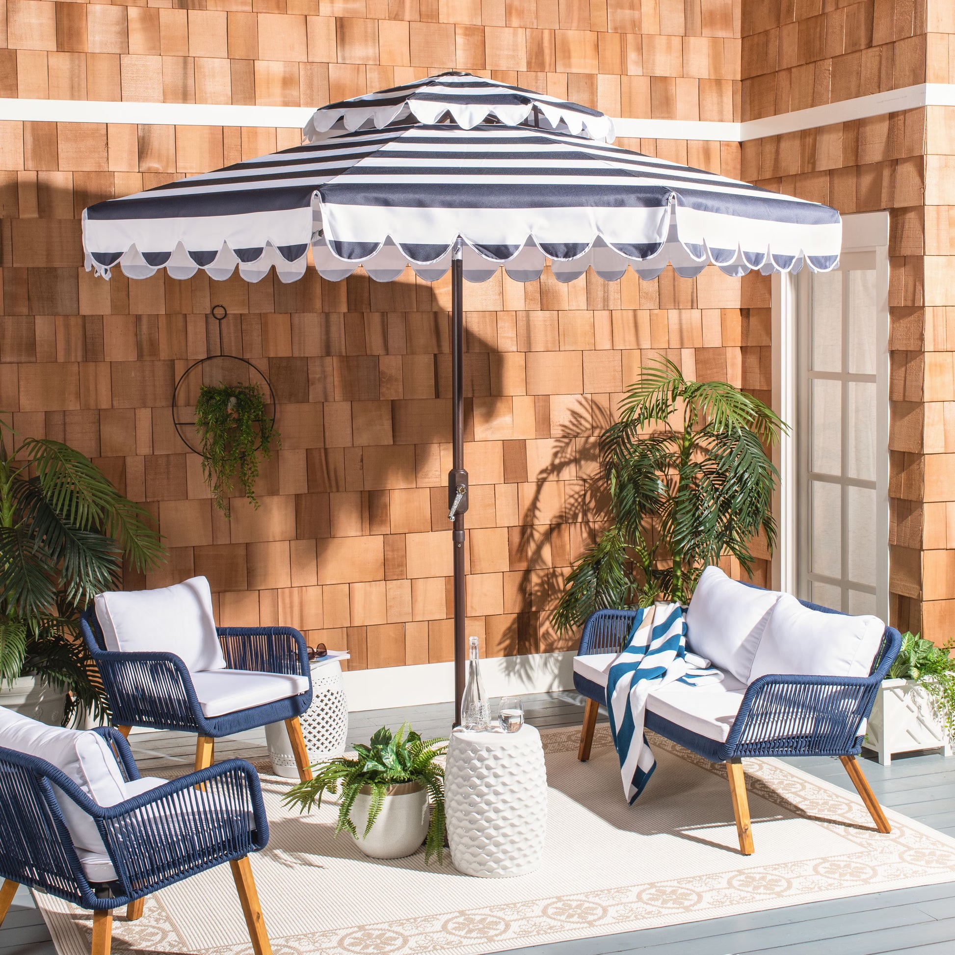 Safavieh Vienna 9' Market Crank Double Top Patio Umbrella, Grey/White