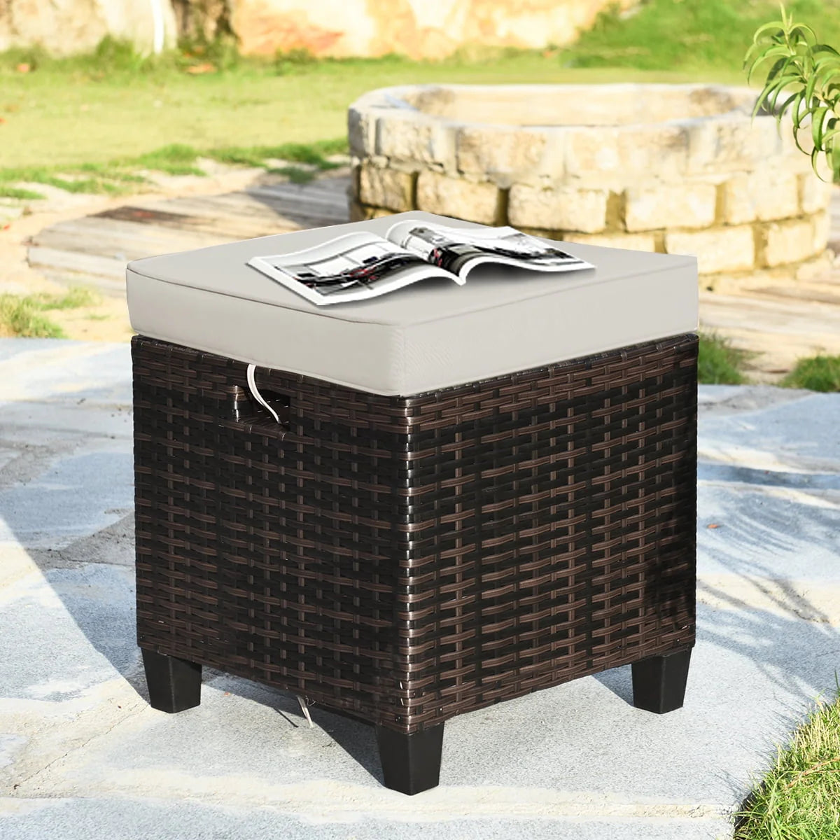 Gymax Set of 2 Patio Rattan Ottoman Footrest Garden Outdoor w/Brown Cushion