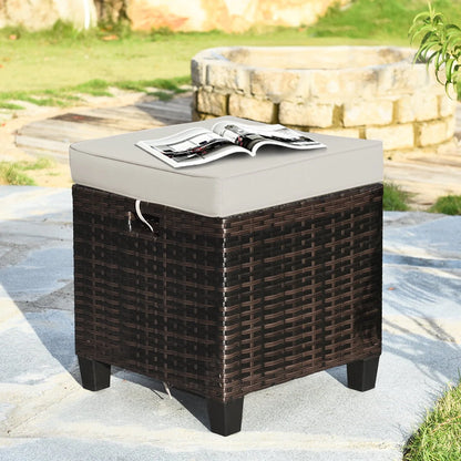 Gymax Set of 2 Patio Rattan Ottoman Footrest Garden Outdoor w/Brown Cushion