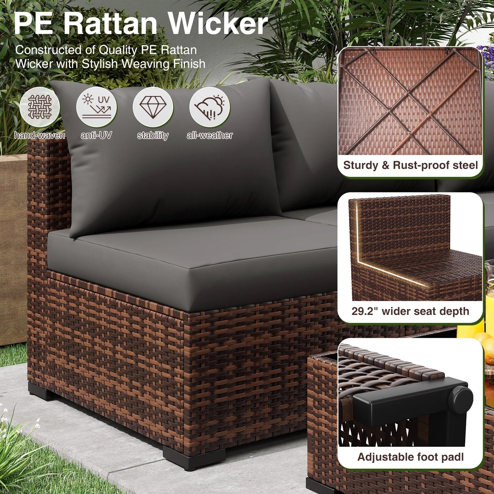 ELPOSUN Patio Furniture Set, Outdoor Patio Furniture Wicker Furniture Couch Set, 5 Pieces Outdoor Sectional Sofa, Patio Furniture Set, Outdoor Patio Set for Balcony Furniture (Grey)