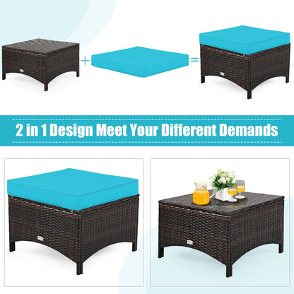 Gymax 5PCS Rattan Patio Conversation Sofa Furniture Set Outdoor w/Turquoise Cushions