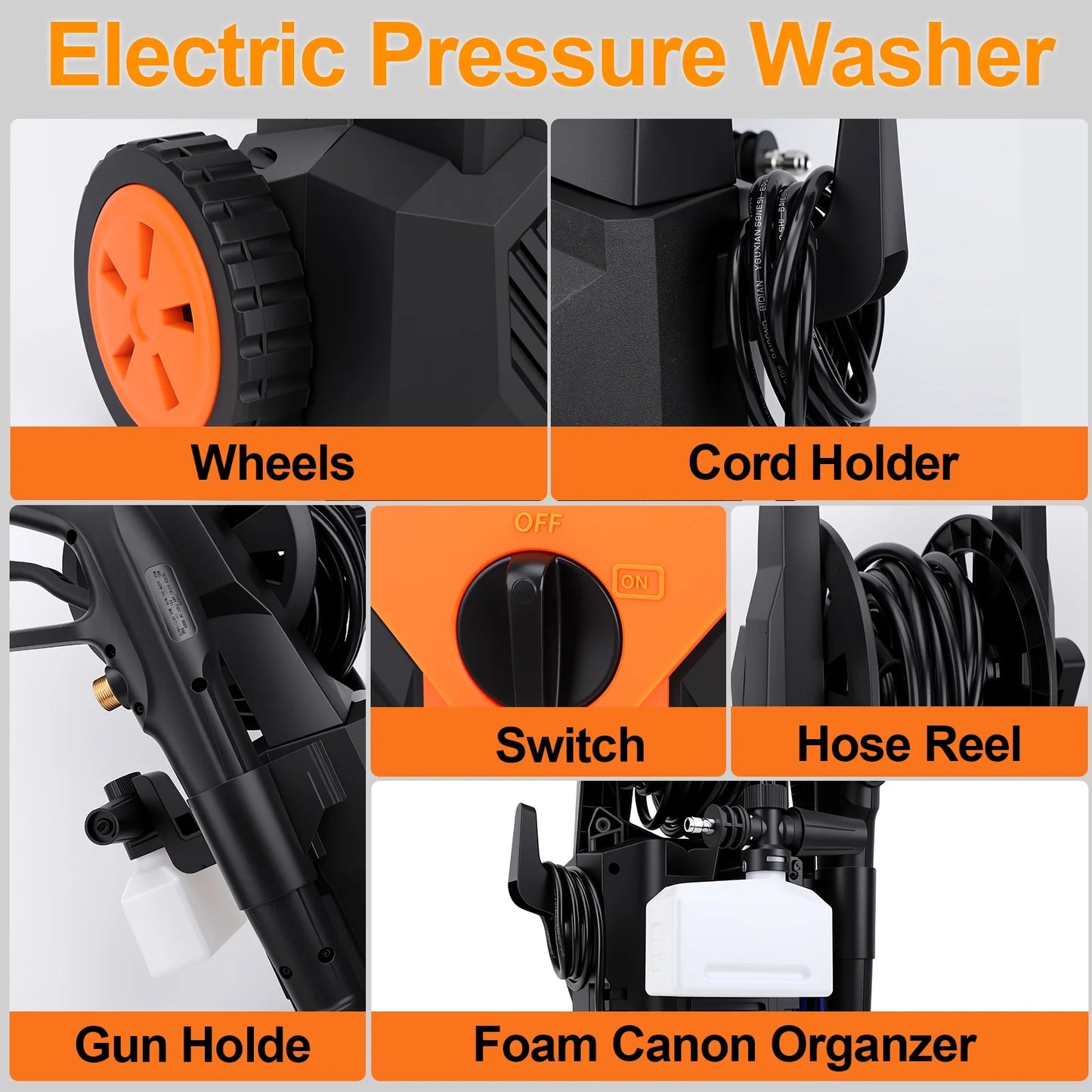 Electric Pressure Washer, 4500PSI Max 3.2 GPM 33FT Hose w/Hose Reel , 4 Connect Nozzles Foam Cannon for Cars, Fences, Driveways, Patios, Home Cleaning